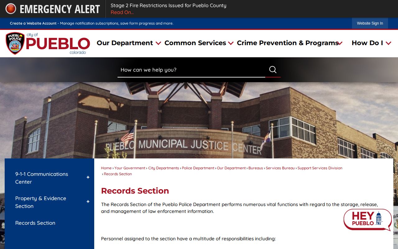 Pueblo Police Department arrest records request page
