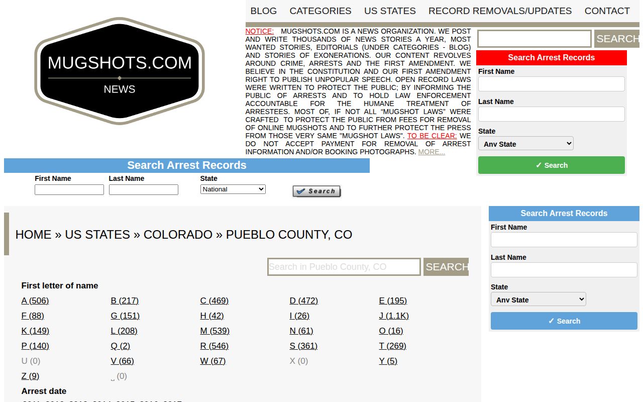Pueblo County mugshot aggregator landing page navigation