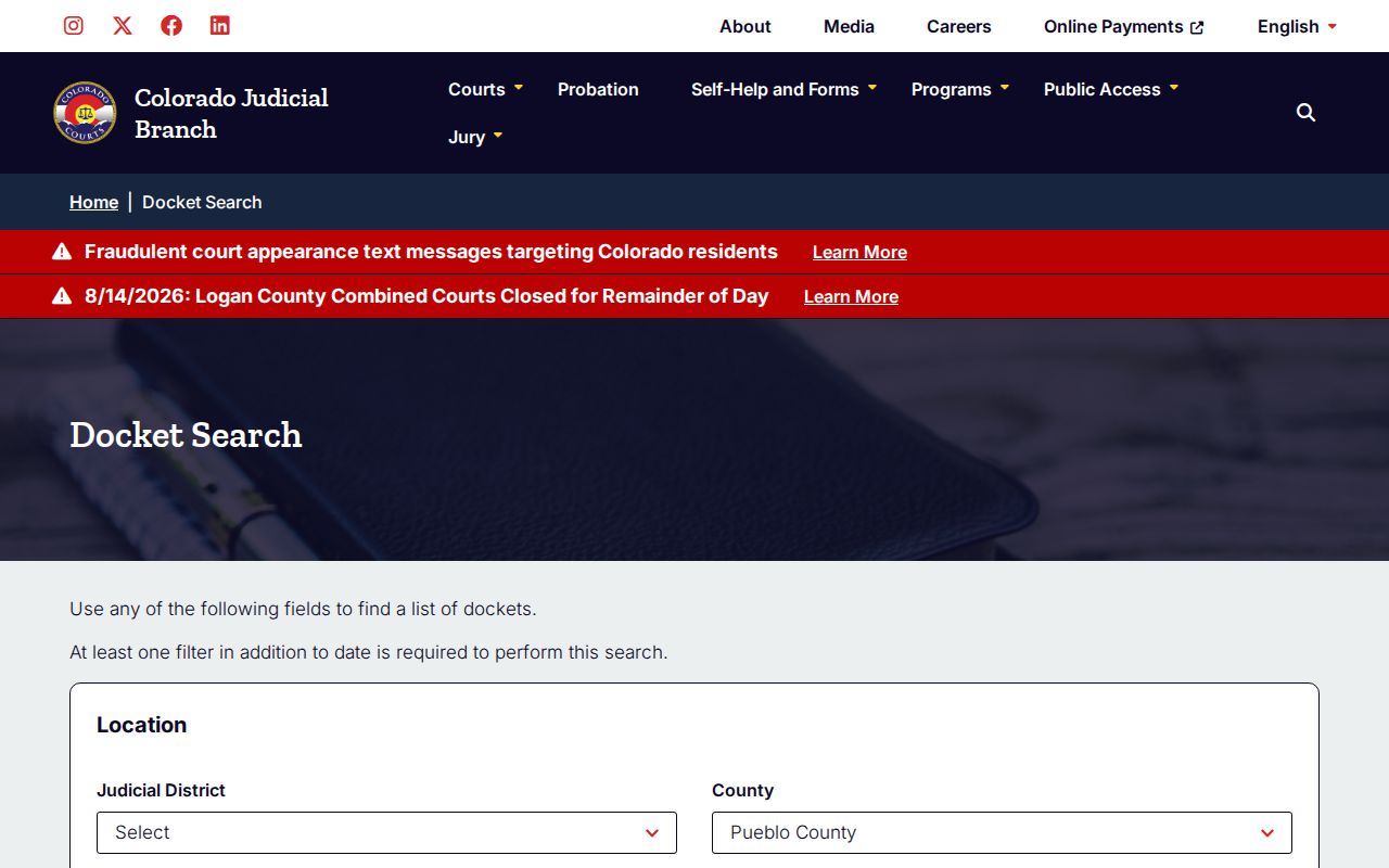 Pueblo County arrest case docket and court date search