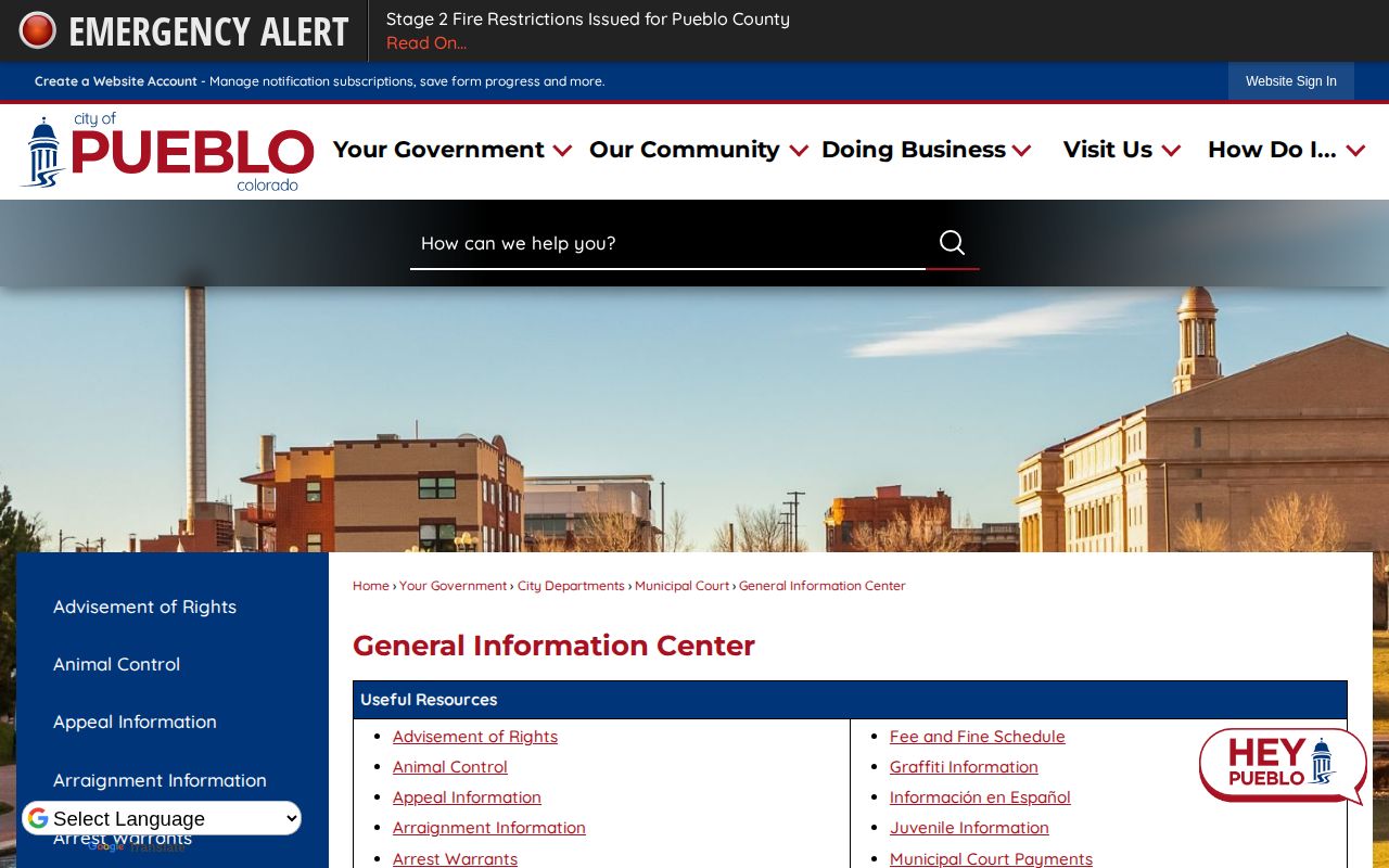 Pueblo County municipal warrant information route