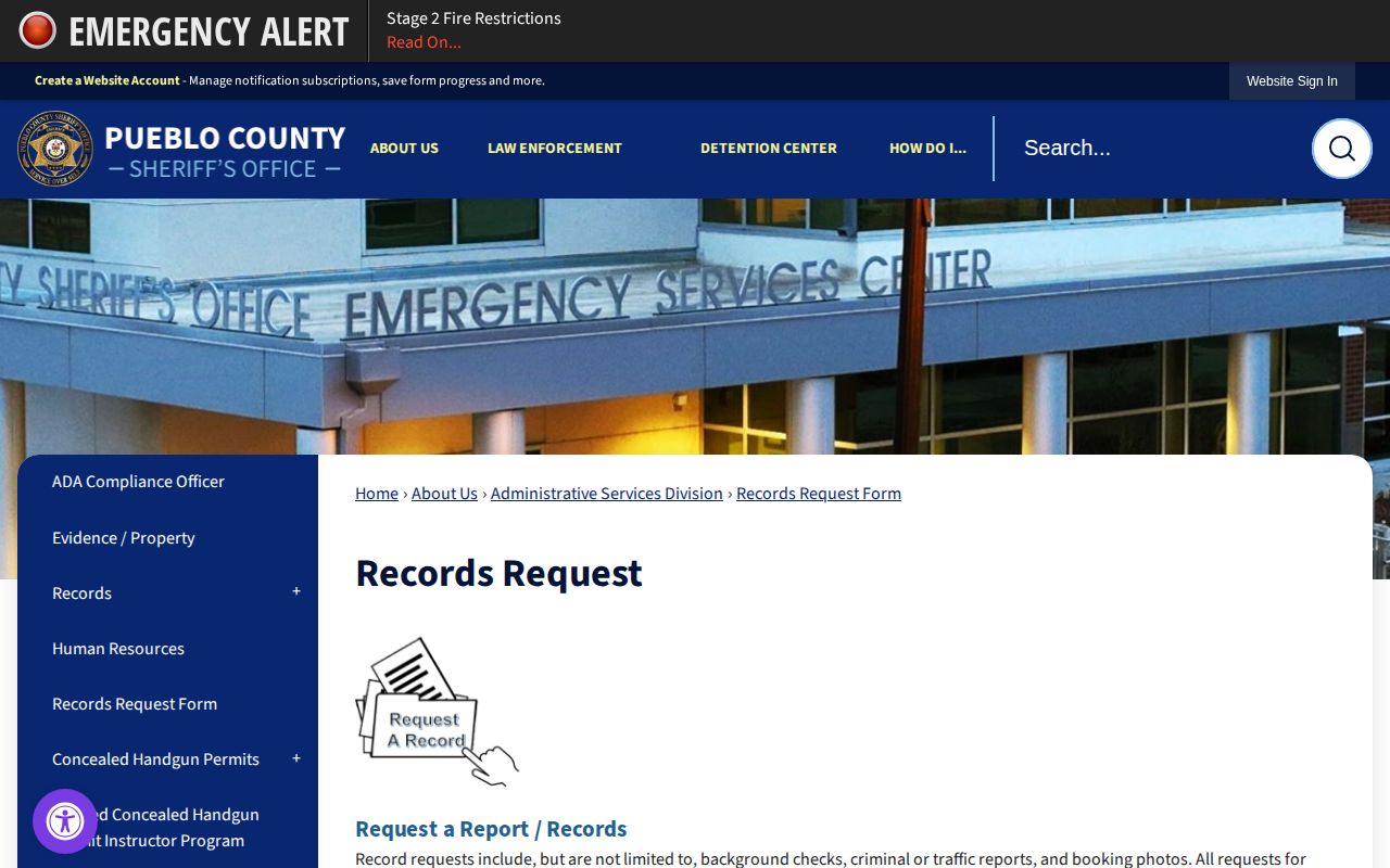 Rye Pueblo County sheriff arrest records request instructions